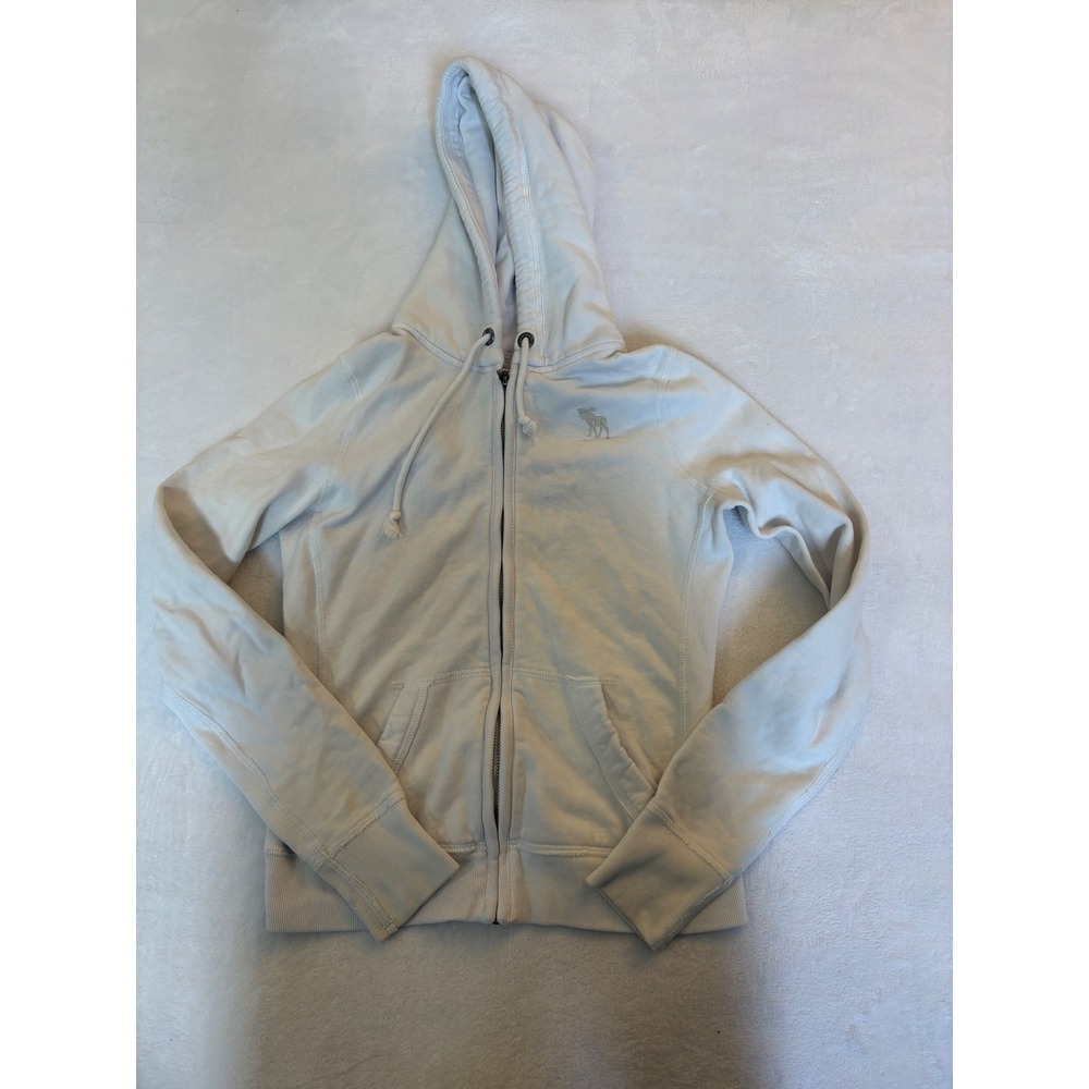 Abercrombie & Fitch Womens Full Zip Hoodie Off White Moose Logo Sweatshirt M